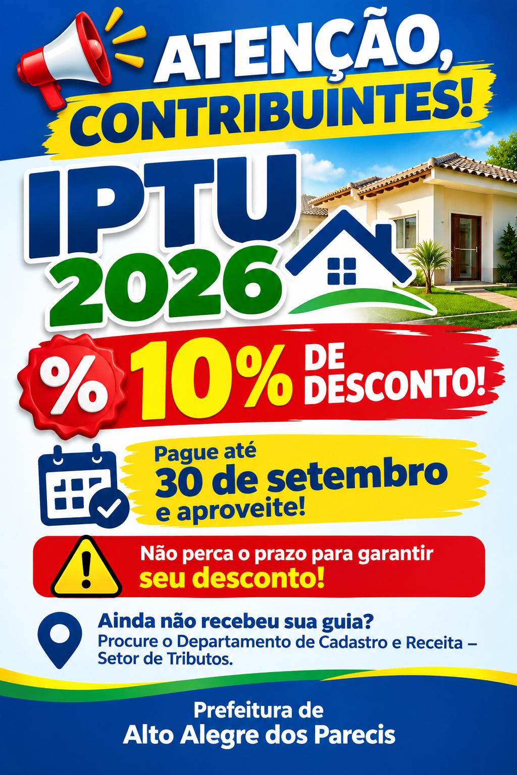 Imagem 1 - ATENÇÃO CONTRIBUINTES! 🏡 IPTU 2026 💰 10% DE DESCONTO.