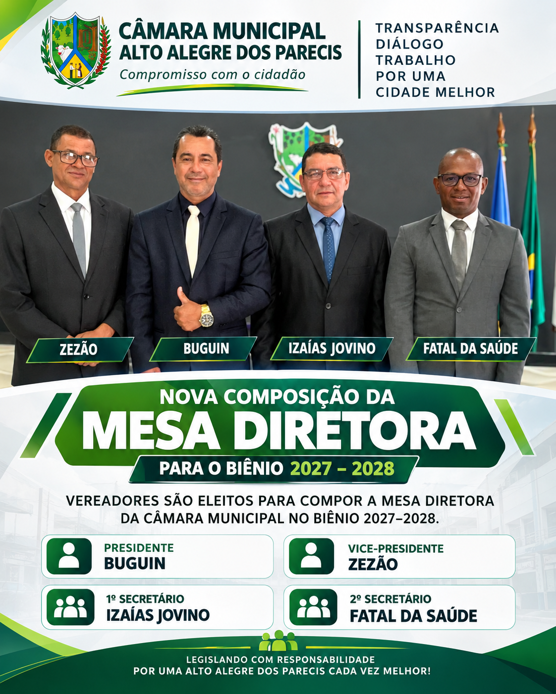 Vereadores são eleitos para compor a Mesa Diretora da Câmara Municipal no biênio 2027–2028