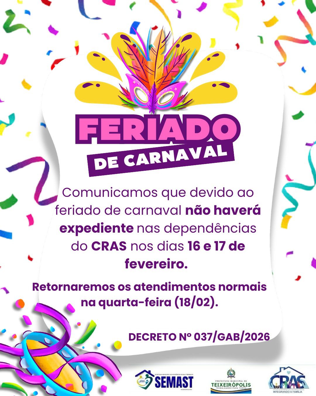 COMUNICADO DE FERIADO DE CARNAVAL SEMAST
