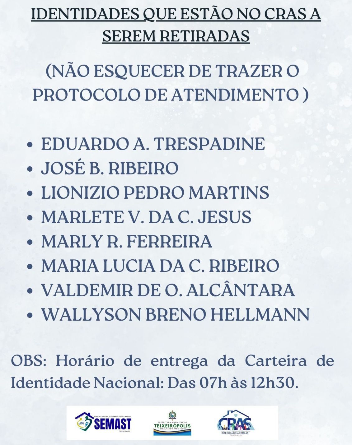 IDENTIDADES NO CRAS A SEREM RETIRADAS