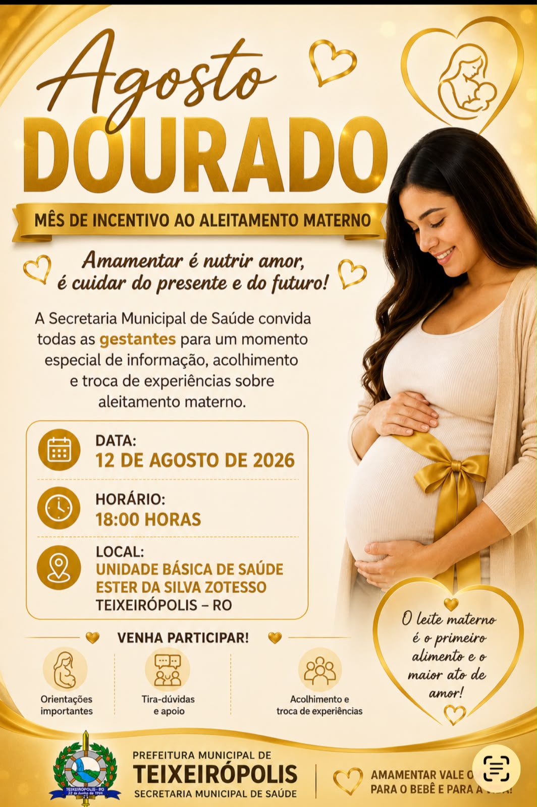 📢 Agosto Dourado 2026  | Mês de Incentivo ao Aleitamento Materno 💛🤱