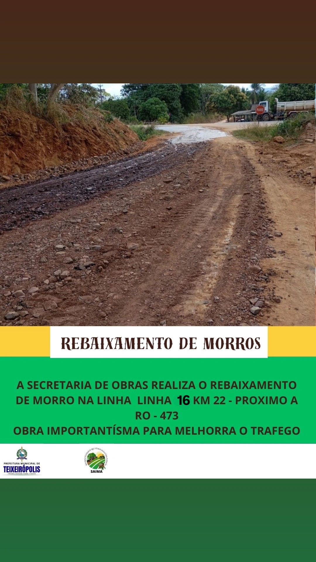 PREFEITURA DE TEIXEIRÓPOLIS EM AÇÃO! REBAIXAMENTO DE MORRO LINHA 16 KM 22 RO 473