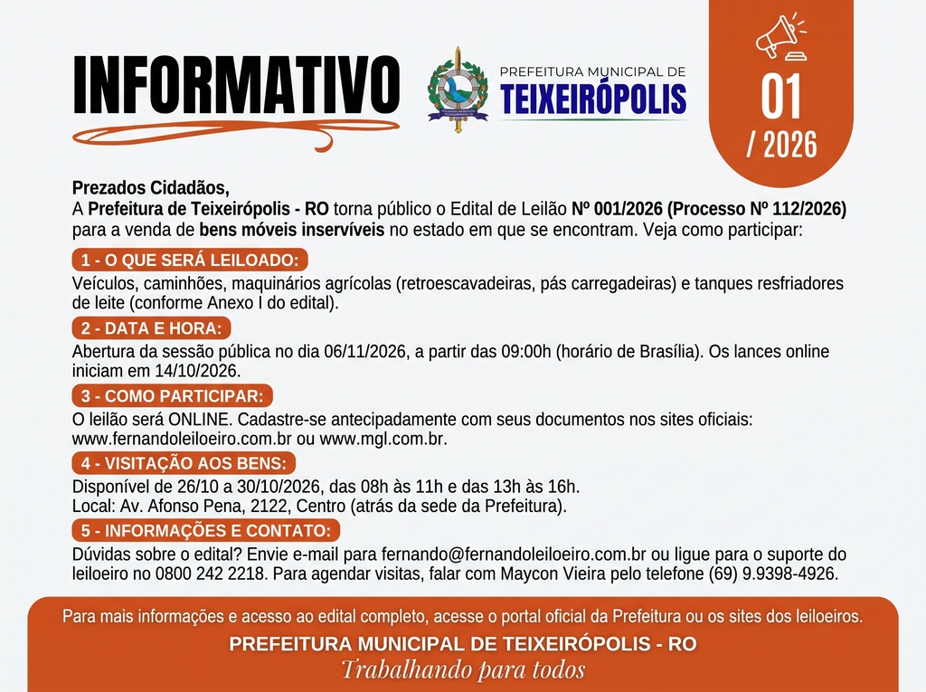 INFORMATIVO | LEILÃO PÚBLICO Nº 001/2026