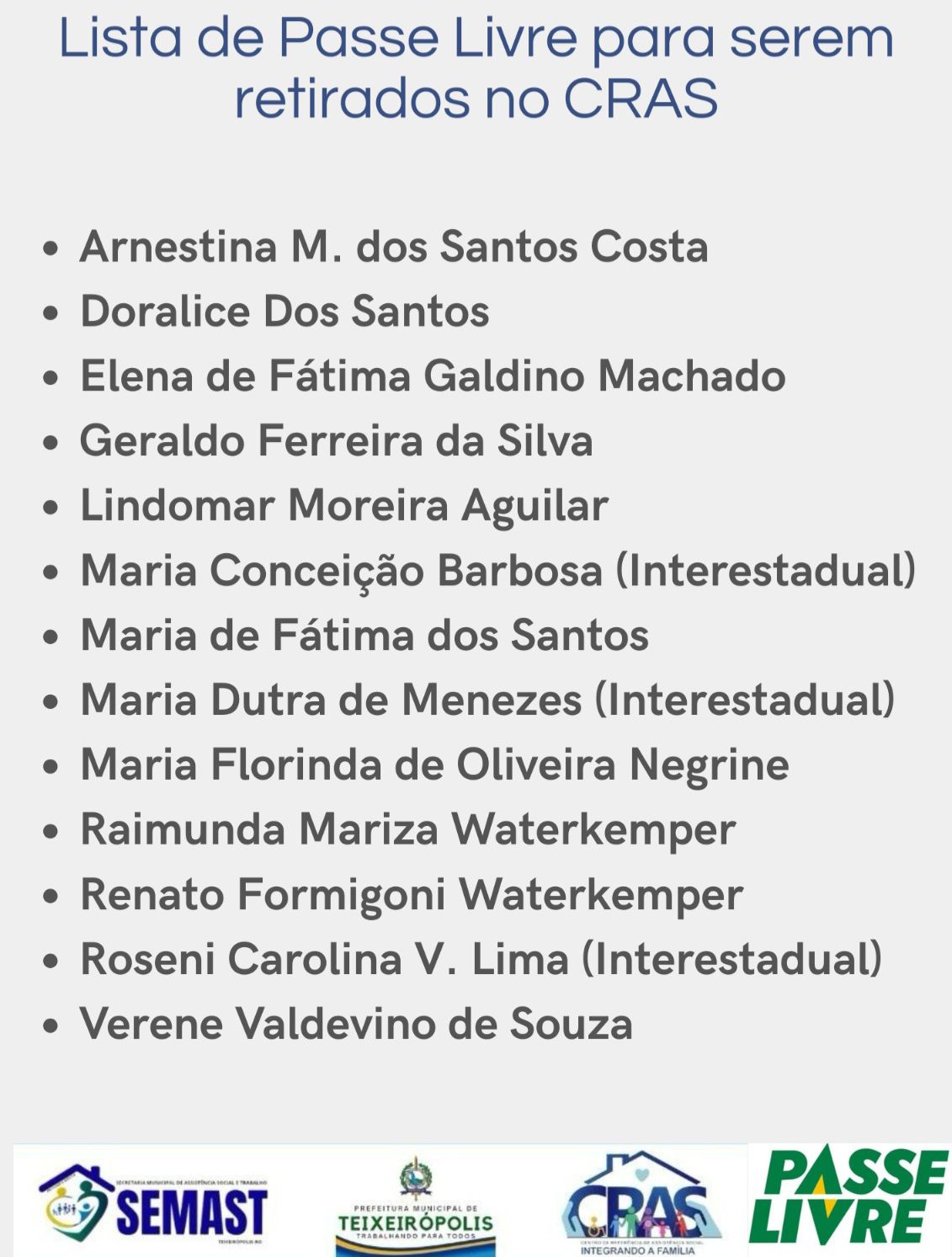 LISTA DE PASSE LIVRE PARA SEREM RETIRADAS NO CRAS