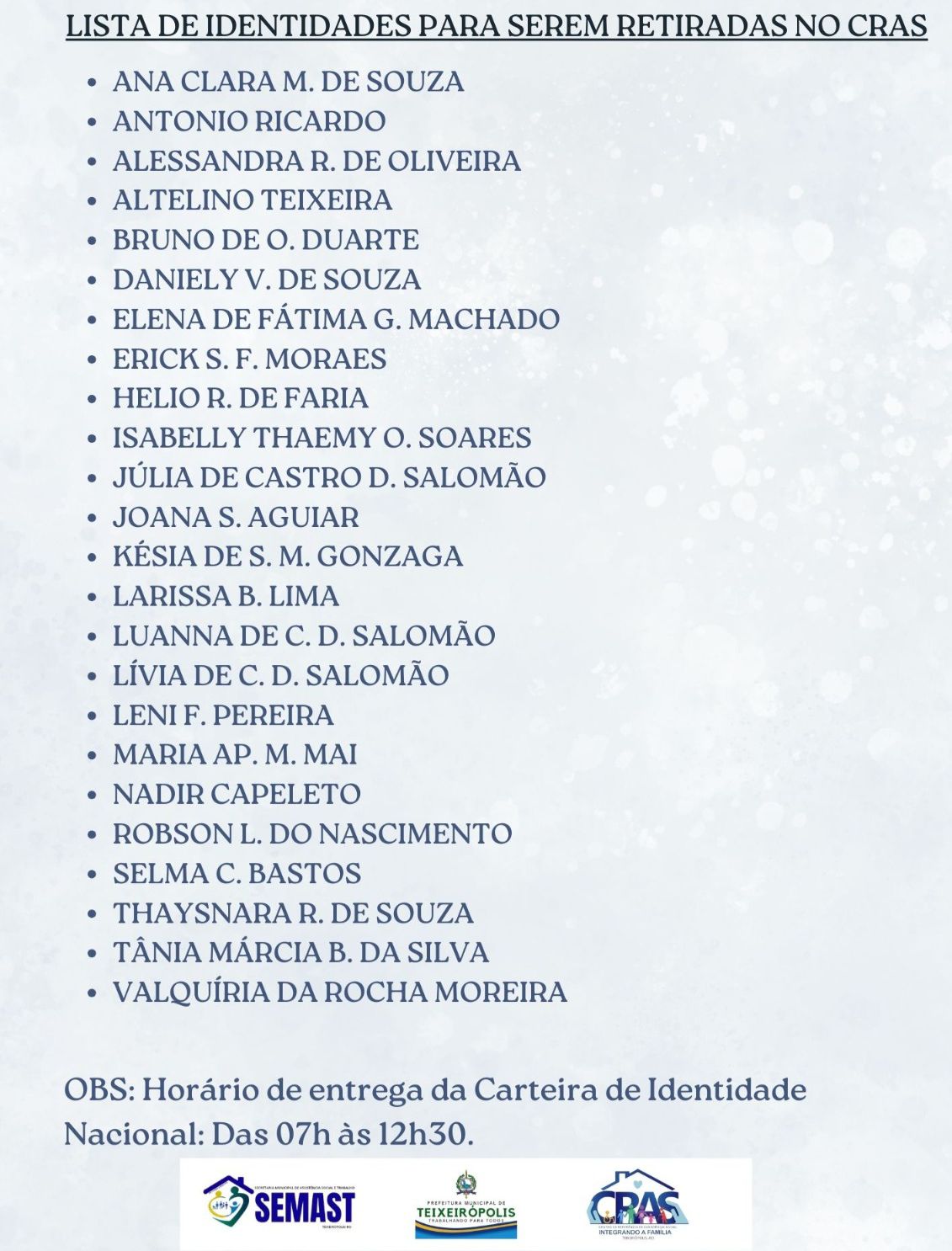 LISTA DE IDENTIDADE A SEREM RETIRADAS NO CRAS AGOSTO