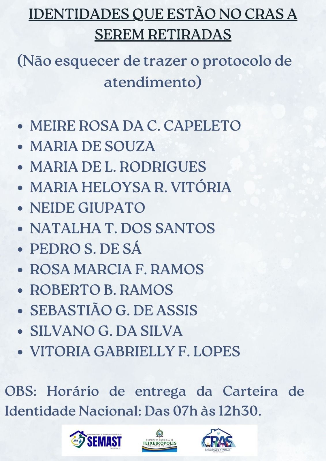 Identidades a serem retiradas no CRAS