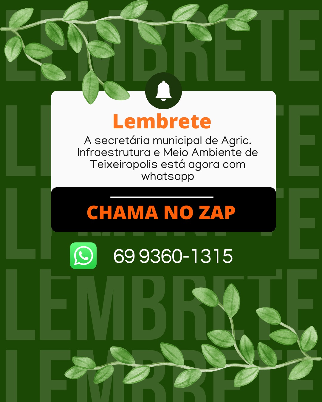 Secretaria Municipal de Agricultura, Infraestrutura e Meio Ambiente de Teixeirópolis agora conta com atendimento via WhatsApp