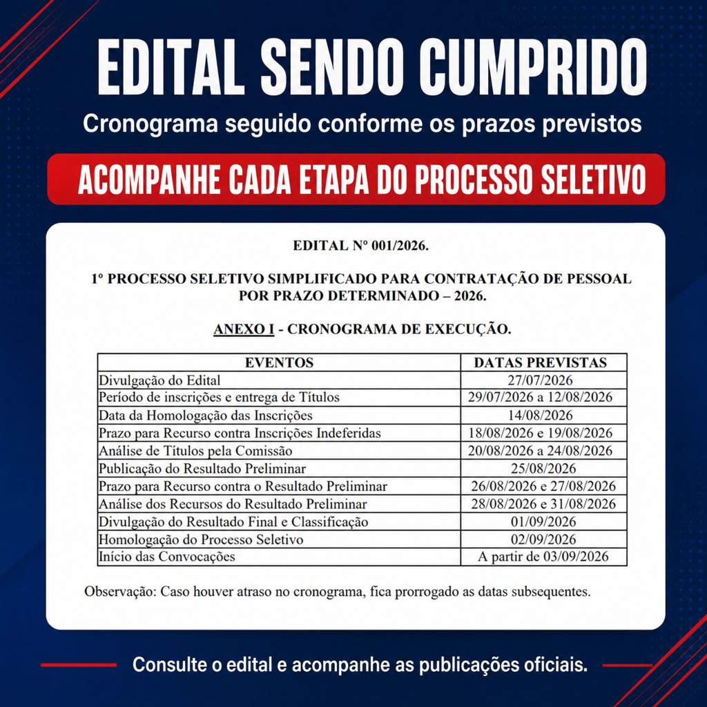 O processo seletivo 001/2026 segue em andamento e já foi publicado o resultado dos recursos, além da relação definitiva de inscritos.