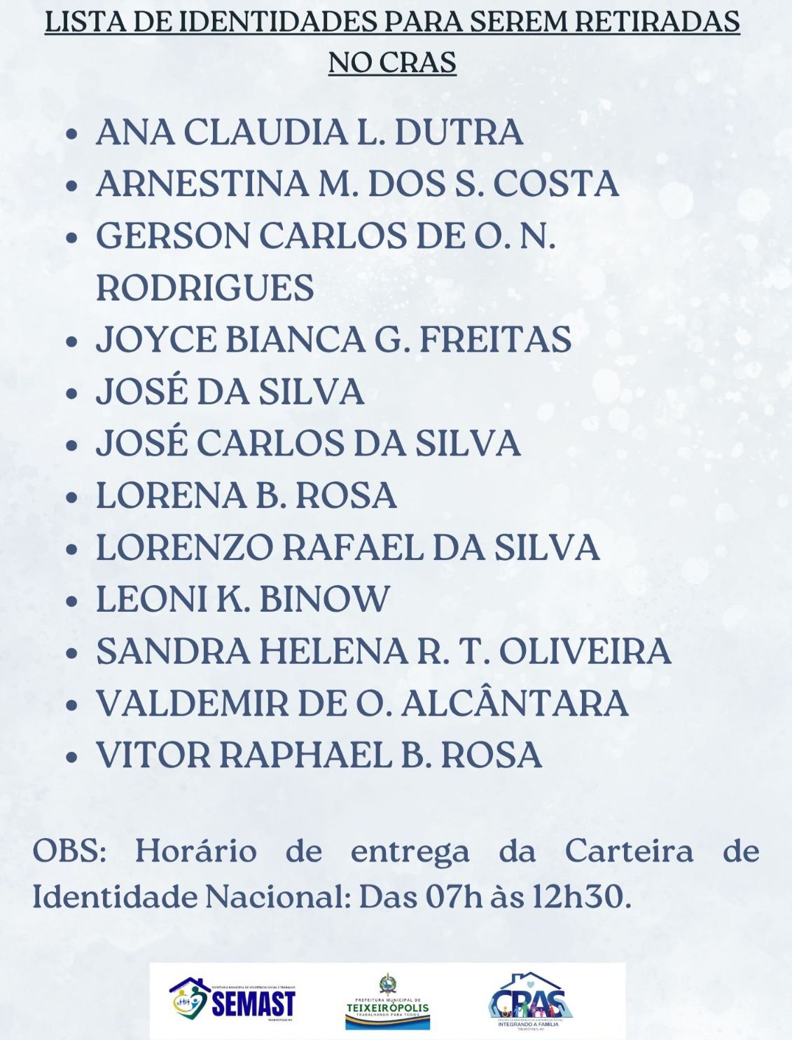 IDENTIDADES PARA SEREM RETIRADAS NO CRAS