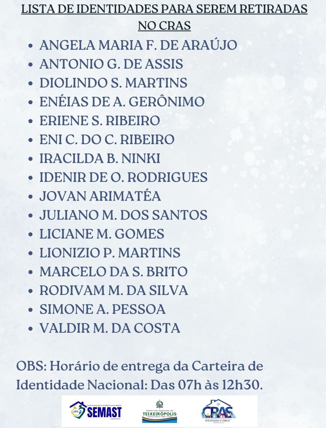 LISTA DE IDENTIDADE A SEREM RETIRADAS NO CRAS JULHO